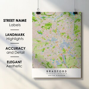 Bradford Verenigd Koninkrijk stadsplattegrond print poster kunst met straatnaam - kaart van Europa - instant digitale download afdrukbare kaart