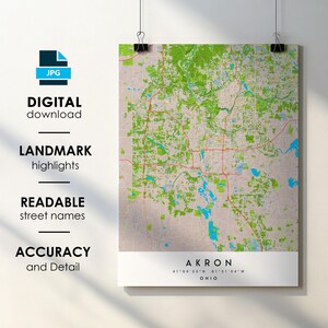 Akron OH City Map Print Poster with Street Name Instant Digital Download, Akron Ohio Printable Map