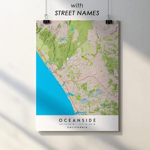 Póster impreso del mapa de la ciudad de Oceanside, California, con nombres de calles (descarga digital)