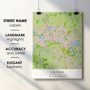 Póster impreso con mapa de la ciudad de Luton, Reino Unido, con nombre de calle - Mapa de Europa - Descarga digital instantánea - Mapa imprimible