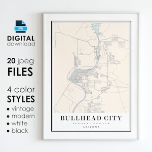 Peut inclure: Une carte imprimable de Bullhead City, en Arizona, dans un style vintage. La carte montre les rues, les rivières et les points de repère de la ville. La carte est encadrée dans un cadre blanc.