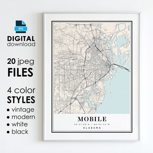 MOBILE AL Map - Druckbare digitale Kunst, Mobile Alabama City Poster Karte - digitaler Sofort Download