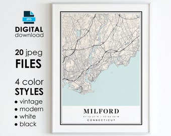 Arte impressa do mapa de Milford, Connecticut: pôster da cidade (download digital)