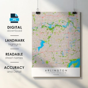 Arlington TX City Map Print Poster with Street Name Instant Digital Download, Arlington Texas Printable Map