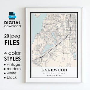 LAKEWOOD WA Karte - Druckbare digitale Kunst - Lakewood Washington City Poster Karte - digitaler Sofort Download