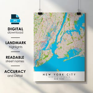 New York City NY City Map Print Poster with Street Name Instant Digital Download, New York City New York Printable Map