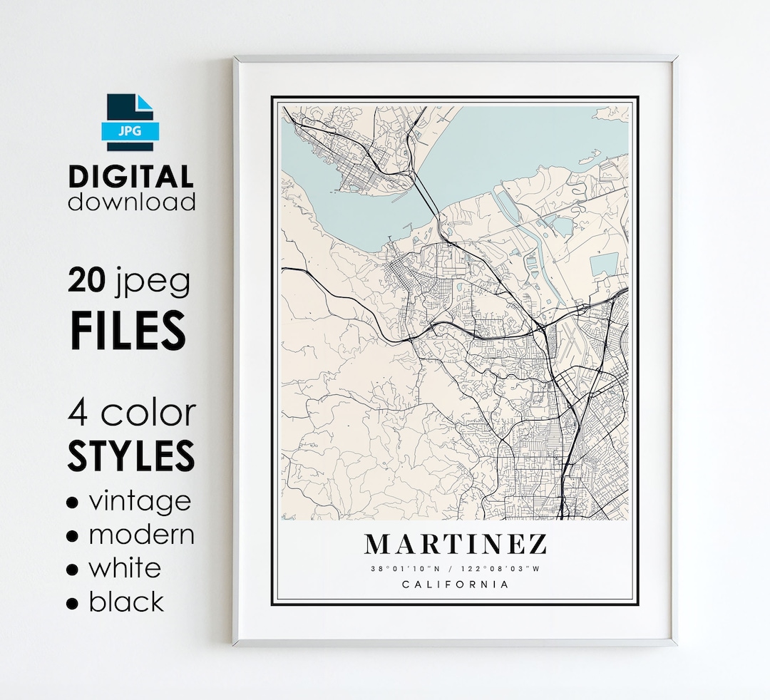 Martinez CA Map Art Print Modern Vintage Black White Digital Il 8je5 