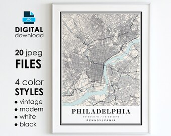 Philadelphia PA Map Art Print: Modern, Vintage Styles (Digital Download)