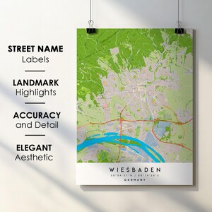 Impresión artística del mapa de Wiesbaden, Alemania: nombres de calles detallados (descarga digital)