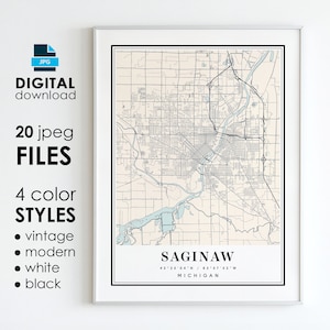 SAGINAW MI Map - Printable Digital Art - Saginaw Michigan City Poster Map - Digital Instant Download