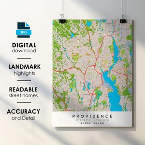 Affiche imprimée carte de la ville de Providence RI avec le nom de la rue en téléchargement numérique instantané, carte imprimable Providence Rhode Island