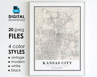 Impresión artística del mapa de Kansas City, Misuri: estilos modernos y vintage (descarga digital)