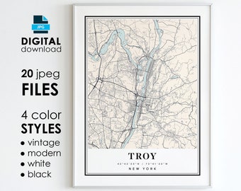 Impresión artística del mapa de Troy, NY: estilos modernos y vintage (descarga digital)