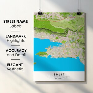 Split Kroatië stadsplattegrond print posterkunst met straatnaam - kaart van Europa - instant digitale download afdrukbare kaart