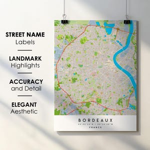 Bordeaux Frankreich Stadt Karte Print Poster Kunst mit Straßenname - Karte von Europa - Sofortiger digitaler Download druckbare Karte
