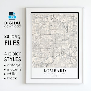 LOMBARD IL Mappa - Arte digitale stampabile - Mappa poster della città di Lombard Illinois - Download istantaneo digitale