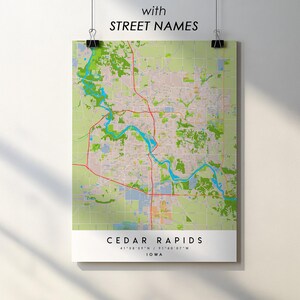 アイオワ州シーダーラピッズの市街地図と通り名入りプリントポスター（デジタルダウンロード）