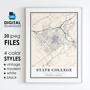 May include: A printable map of State College, Pennsylvania, in four colour styles: vintage, modern, white, and black. The map shows the city's streets, roads, and landmarks. The map is available as a digital download in 20 jpeg files.