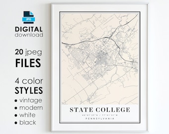 State College PA Map Art Print: Modern, Vintage, Black, White (Digital Download)