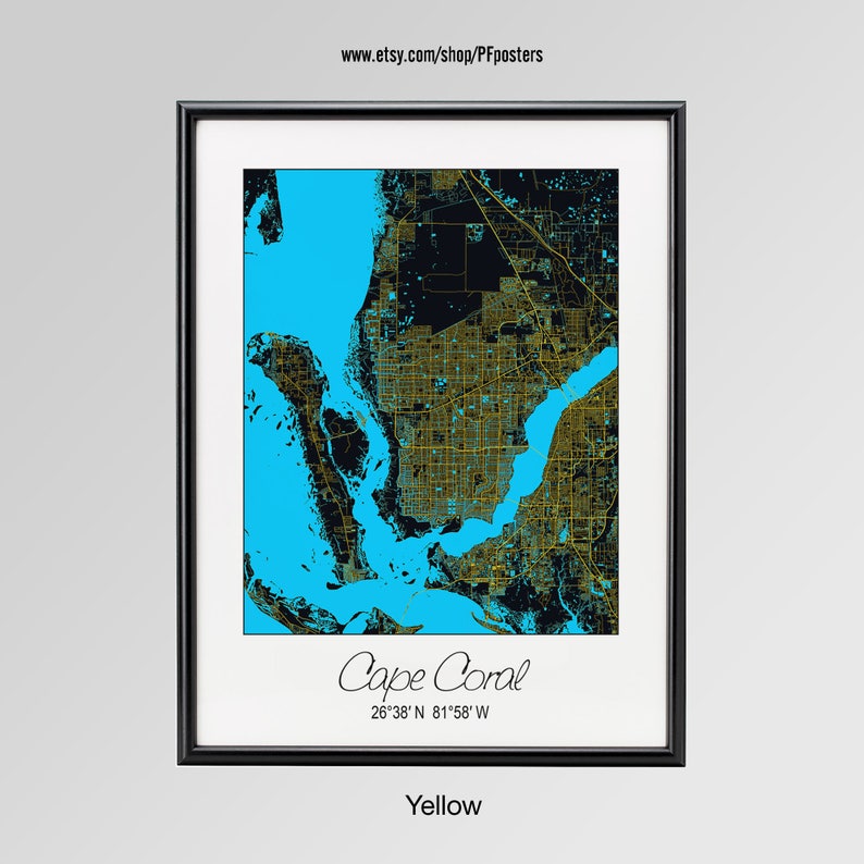Cape Coral Florida Map Cape Coral City Print Cape Coral Etsy