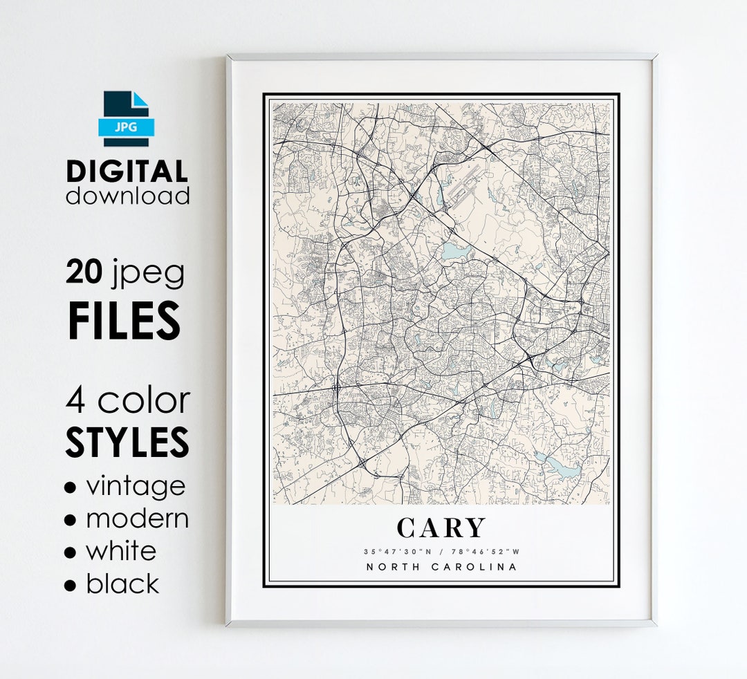 CARY NC Map - Printable Digital Art - Cary North Carolina City Poster Map - Digital Instant ...