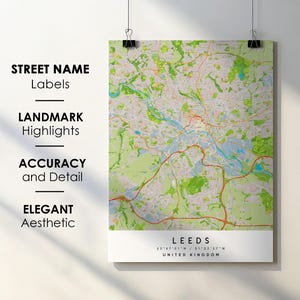 Póster impreso con mapa de la ciudad de Leeds, Reino Unido, con nombre de calle - Mapa de Europa - Descarga digital instantánea - Mapa imprimible