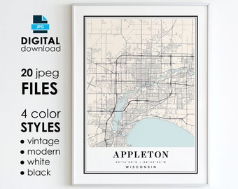 Impressão artística do mapa de Appleton, Wisconsin: moderno, vintage, preto, branco (download digital)