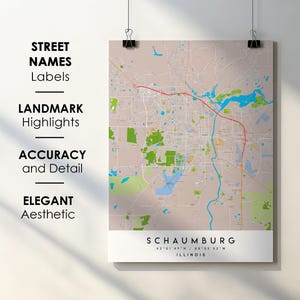 Affiche impression carte Schaumburg IL avec nom de la rue téléchargement numérique instantané, carte imprimable Schaumburg Illinois