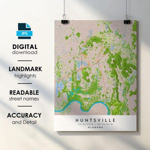 Affiche impression carte de la ville de Huntsville AL avec le nom de la rue en téléchargement numérique instantané, carte imprimable de Huntsville en Alabama