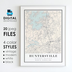 HUNTERSVILLE NC Map - Printable Digital Art - Huntersville North Carolina City Poster Map - Digital Instant Download