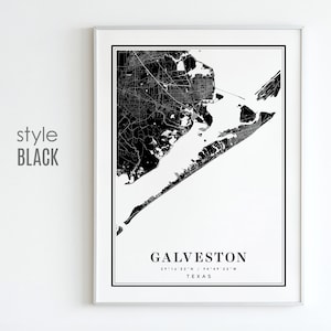 Pode incluir: Impress&atilde;o de mapa em preto e branco de Galveston, Texas. O mapa mostra as ruas e a costa da cidade. O texto "GALVESTON 29&deg;16'52"N / 94&deg;49'33"W TEXAS" est&aacute; impresso abaixo do mapa.
