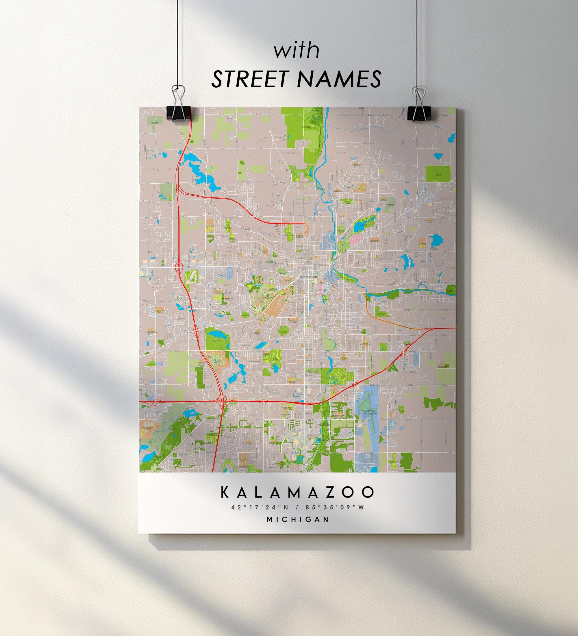 Kalamazoo MI City Map Art Print: Detailed Street Map (digital