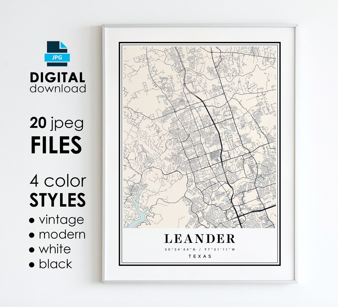 Leander Zip Code Map Leander Texas Map Art Print: Cityscape Poster (digital Download) - Etsy