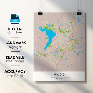 Waco TX City Map Print Poster with Street Name Instant Digital Download, Waco Texas Printable Map
