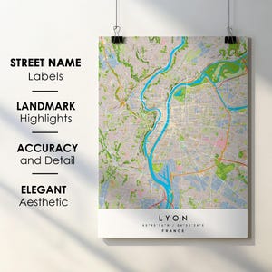 Lyon France City Map Print Poster Art with Street Name - Map of Europe - Instant Digital Download Printable Map