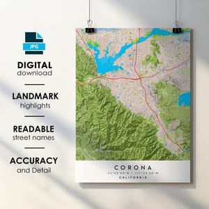 Corona CA City Map Print Poster with Street Name Instant Digital Download, Corona California Printable Map