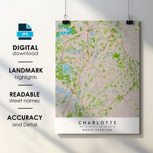 Affiche impression carte de la ville de Charlotte NC avec nom de la rue téléchargement numérique instantané, carte imprimable de Charlotte en Caroline du Nord