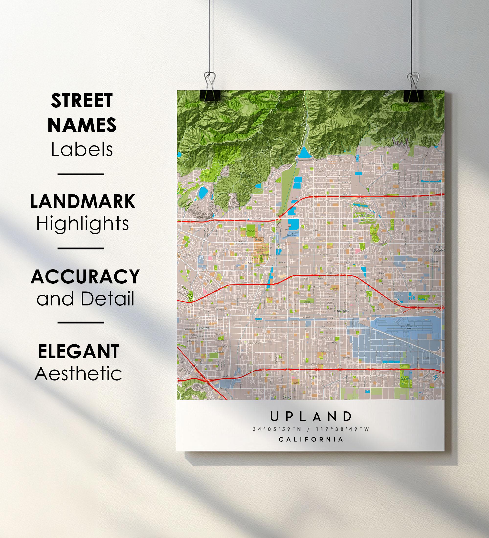 Upland California City Map Print with Street Names (Digital Download)