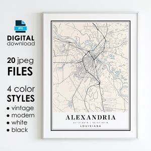 Alexandria Louisiana Map Art Print: Modern, Vintage Styles (Digital Download)