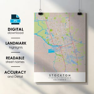Stockton California City Map Print Poster with Street Names (Digital Download)