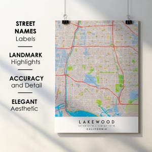 Lakewood CA City Map Print Poster with Street Name Instant Digital Download, Lakewood California Printable Map