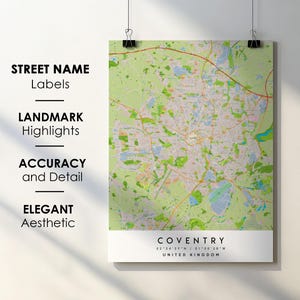 Póster impreso con mapa de la ciudad de Coventry, Reino Unido, con nombre de calle - Mapa de Europa - Descarga digital instantánea - Mapa imprimible