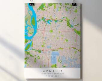 Impresión del mapa de la ciudad de Memphis, Tennessee: nombres de calles y lugares emblemáticos (descarga digital)