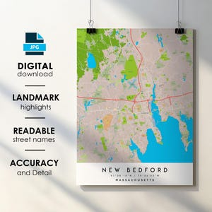 New Bedford MA City Map Print Poster with Street Name Instant Digital Download, New Bedford Massachusetts Printable Map