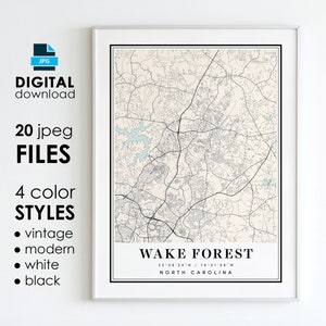 Carte WAKE FOREST NC - Art numérique imprimable - carte affiche de la ville de Wake Forest en Caroline du Nord - téléchargement numérique instantané