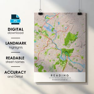 Poster impression de carte de la ville de Pennsylvanie avec le nom de la rue, téléchargement numérique instantané, carte imprimable de lecture de Pennsylvanie