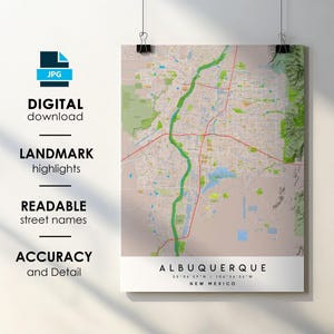 Affiche impression carte de la ville d'Albuquerque, Nouveau-Mexique, téléchargement numérique instantané du nom de la rue, carte imprimable d'Albuquerque, Nouveau-Mexique