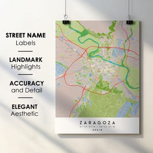 Póster impreso con mapa de la ciudad de Zaragoza, España, con nombre de calle - Mapa de Europa - Descarga digital instantánea - Mapa imprimible