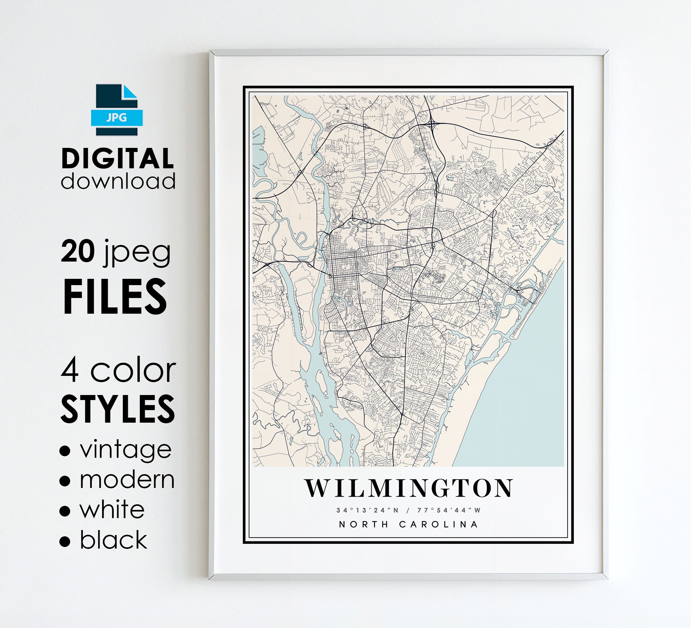 Wilmington NC Map Art Print: Modern, Vintage Styles (Digital Download)
