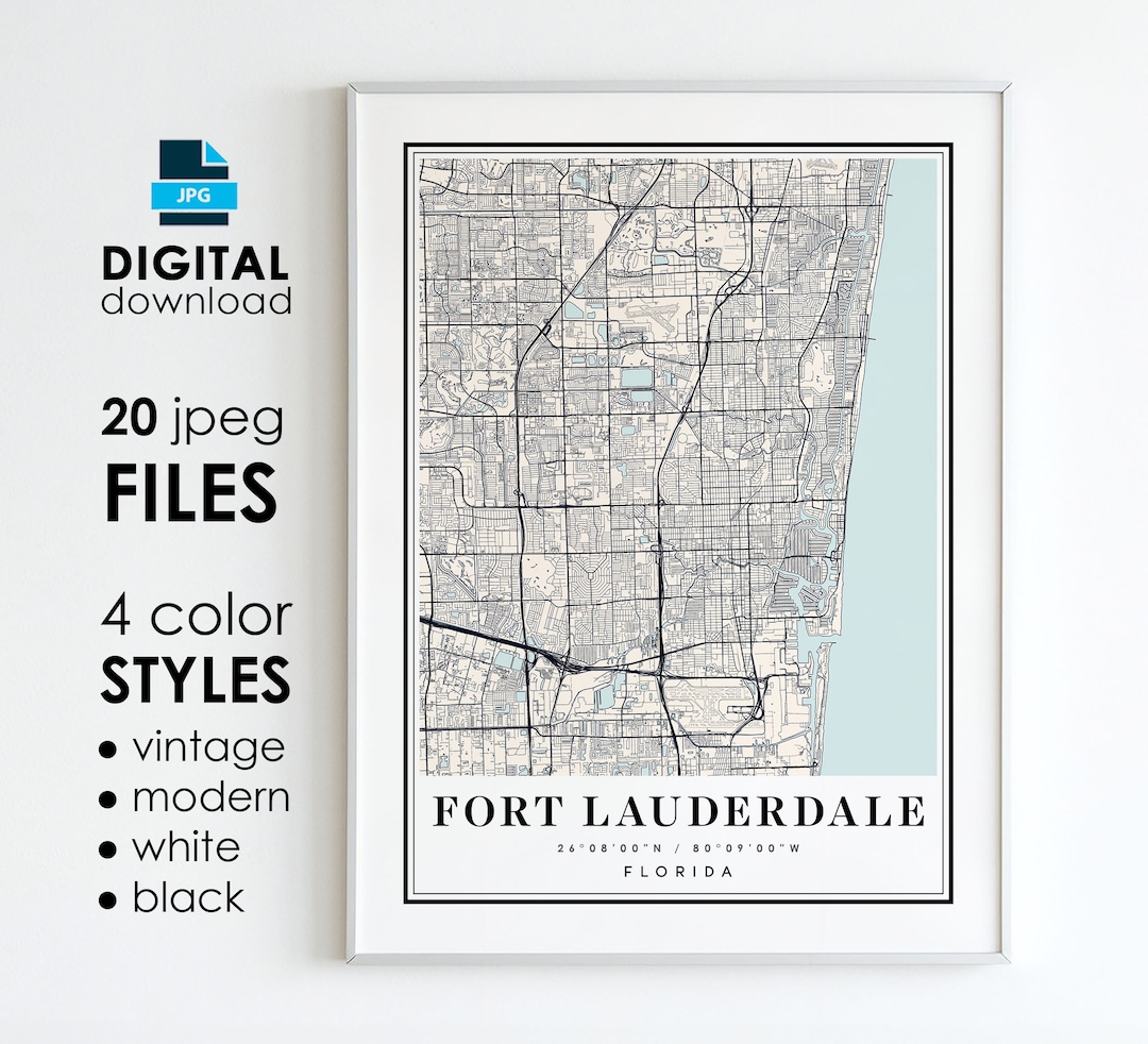 FORT LAUDERDALE FL Map - Printable Digital Art - Fort Lauderdale ...